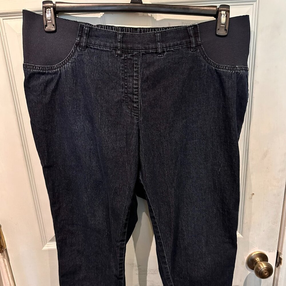 Ulla Popken Elastic Inset Slim Leg Fit Stretch Capri Jeans dark blue denim